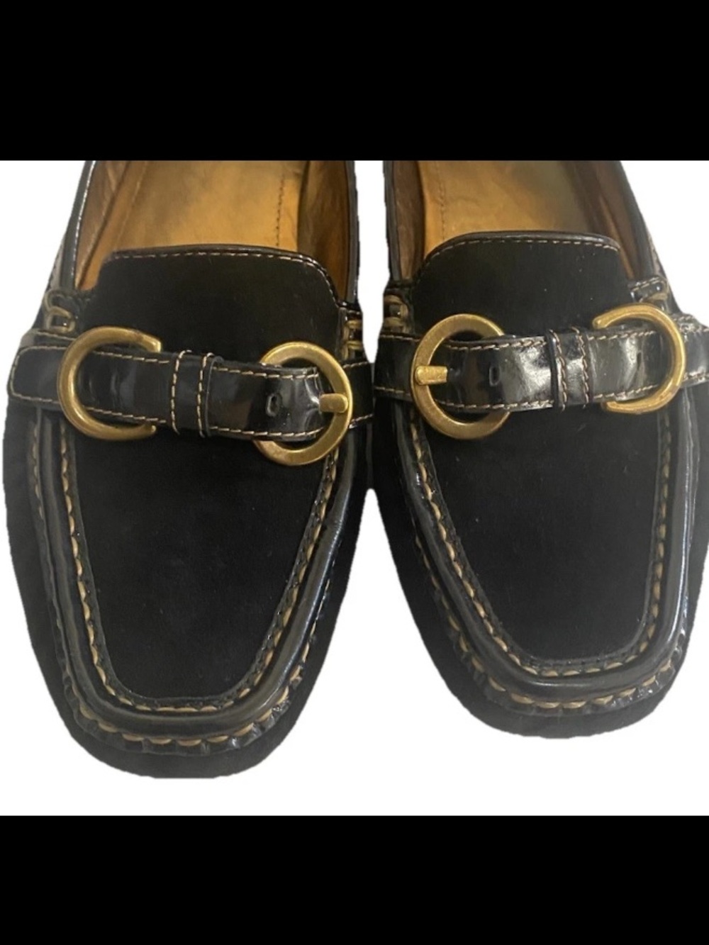 Coach Women Size 8.5 Sharin Black Leather Suede Buckle Patent Trim Loafers Shoe - Picture 3 of 14